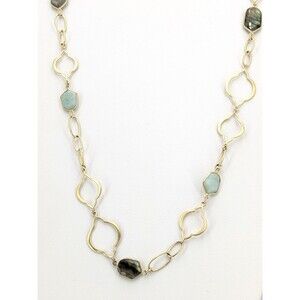 Stella & Dot Necklace Gold Tone Blue Gray Resin Cabochon Station Chain 36 Inch